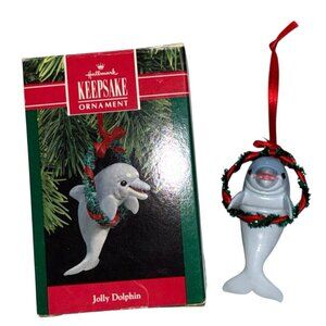 Vintage 1990 Hallmark Keepsake Ornament Green JOLLY Dolphin Santa